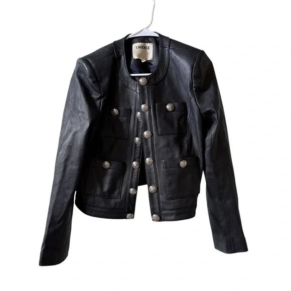 L’AGENCE Jayde Collarless Leather Jacket Midnight Sz 4 - Picture 4 of 13